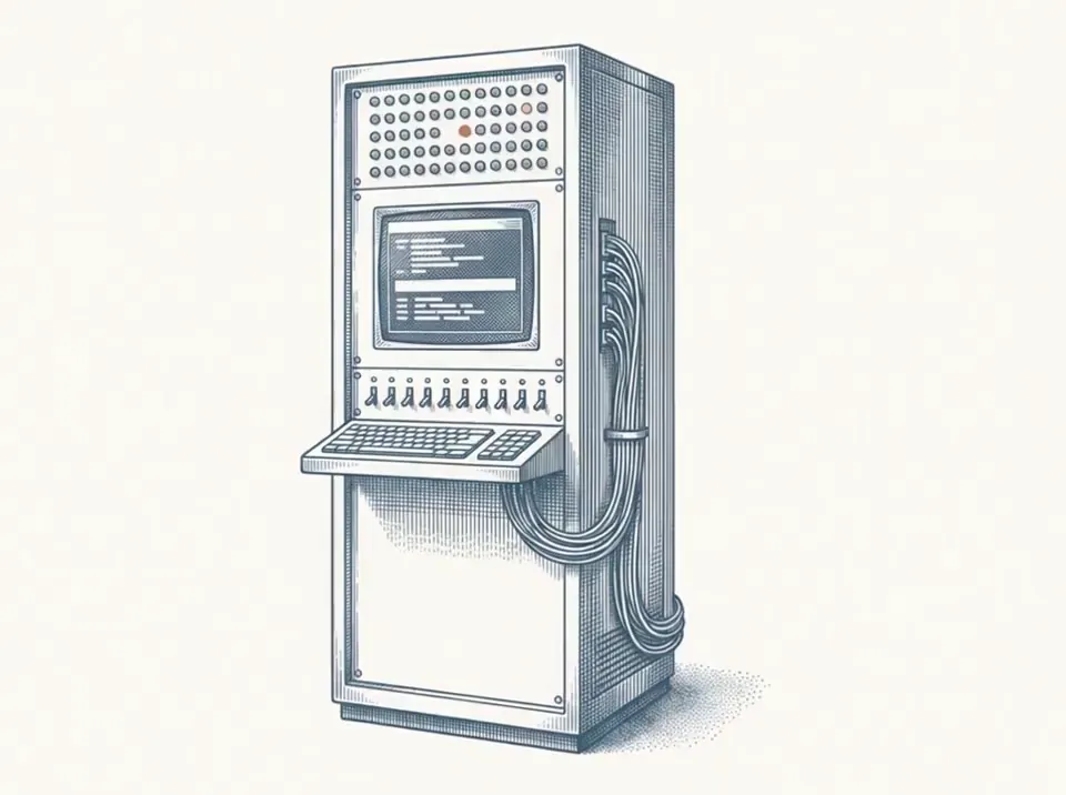 Engraving of a terminal cabinet, its indicator lamps blinking