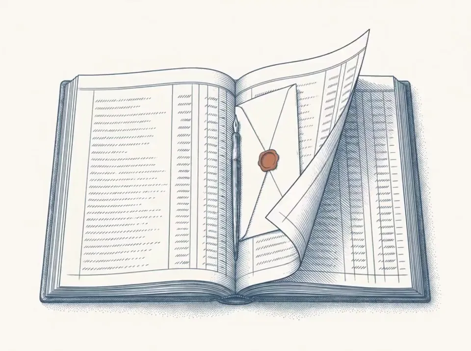 Engraving of an open ledger, one leaf lifted, a sealed contract in the gutter