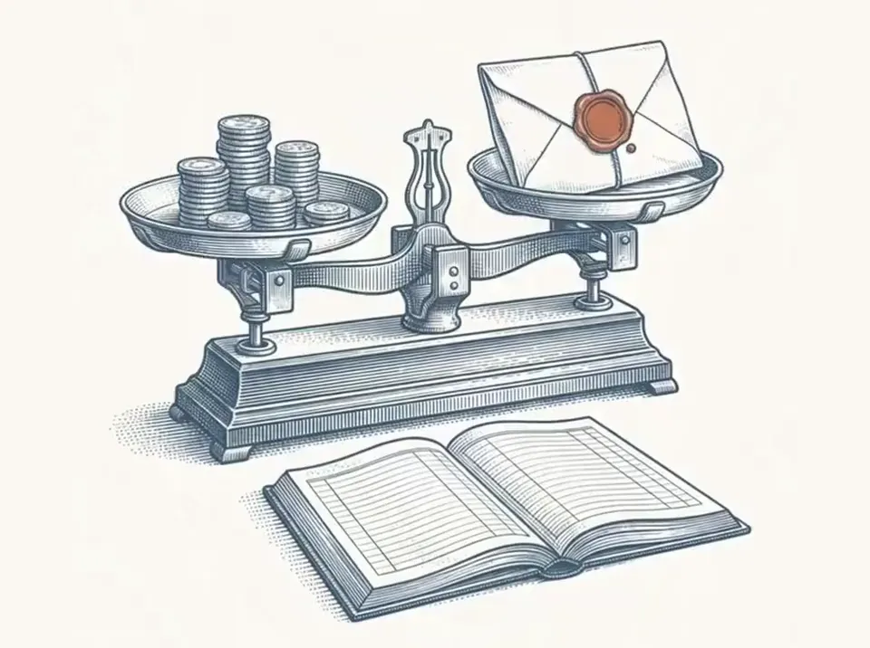 Engraving of a balance scale, coins on one pan and a sealed invoice on the other, an open ledger below
