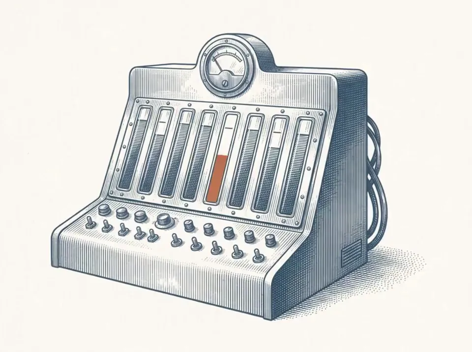 Engraving of a control console with eight level meters, one half full