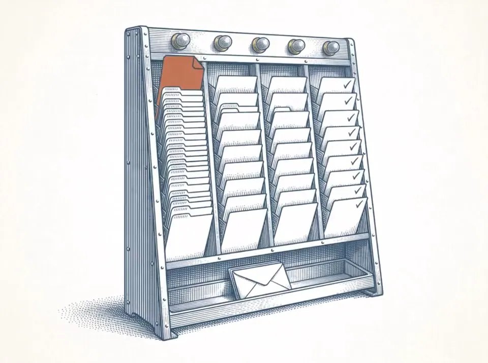 Engraving of a standing card rack with a flagged priority card